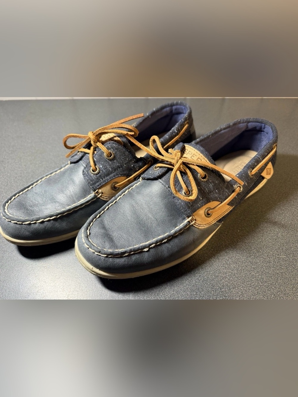 Sperry Navy Leather & Canvas Boat Shoes with Tan Accents